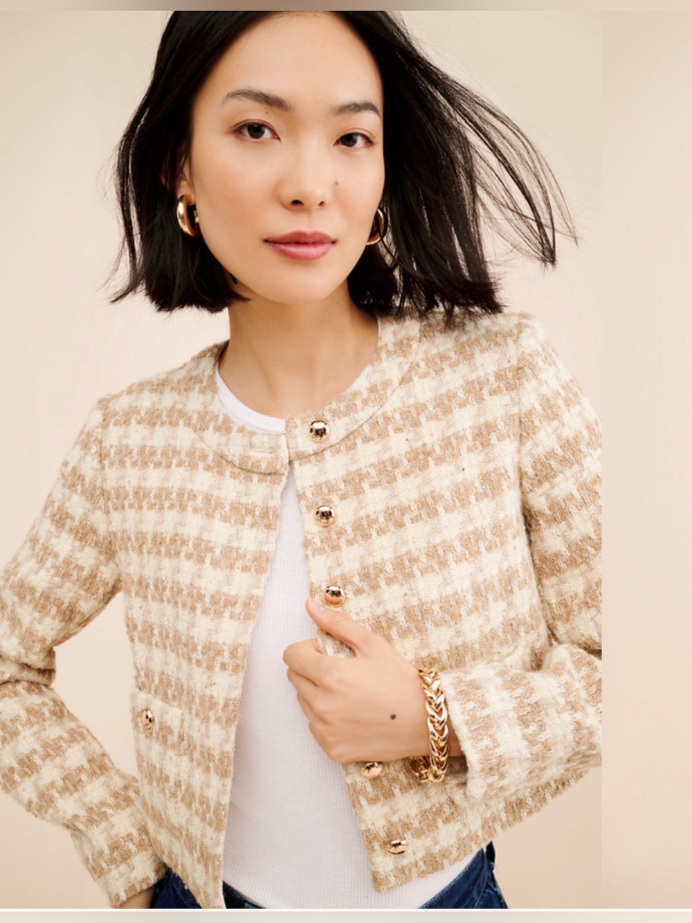 Amanda Uprichard Cream & Tan Houndstooth Lady Jacket Size L $209 *Flaw* - Picture 2 of 10